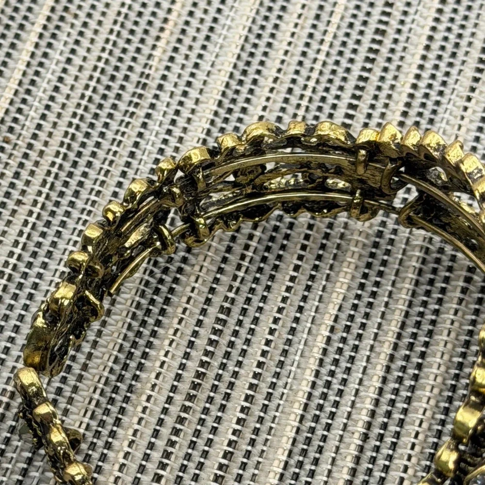 Vintage Victorian Revival Cameo Clamper Bracelet Rhinestone Gold Tone Filigree